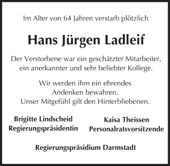 Traueranzeige von Hans Jürgen Ladleif von Trauerportal Echo Online