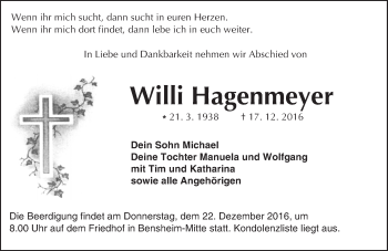 Traueranzeige von Willi Hagenmeyer von Trauerportal Echo Online