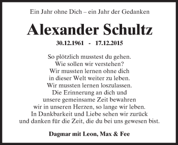 Traueranzeige von Alexander Schultz von  Kreisanzeiger
