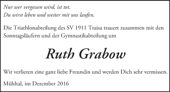 Traueranzeige von Ruth Grabow von Trauerportal Echo Online