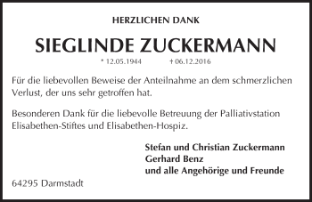 Traueranzeige von Sieglinde Zuckermann von Trauerportal Echo Online