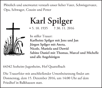 Traueranzeige von Karl Spilger von Trauerportal Echo Online