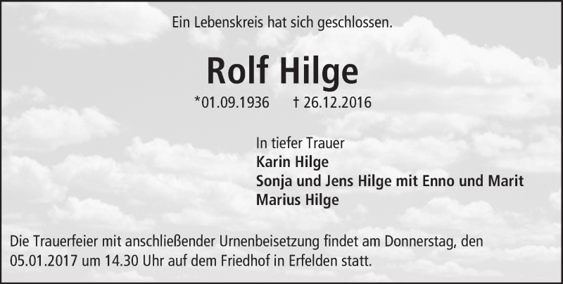  Traueranzeige für Rolf Hilge vom 31.12.2016 aus Trauerportal Echo Online