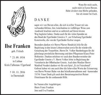Traueranzeige von Ilse Franken von Trauerportal Echo Online