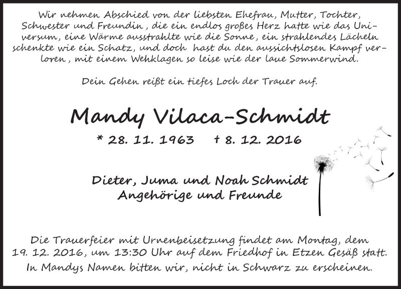  Traueranzeige für Mandy Vilaca-Schmidt vom 14.12.2016 aus Trauerportal Echo Online