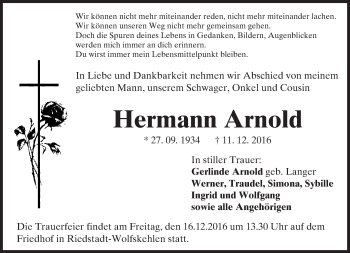 Traueranzeige von Hermann Arnold von Trauerportal Echo Online