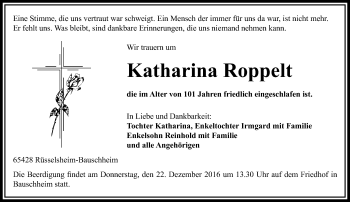 Traueranzeige von Katharina Roppelt von Trauerportal Echo Online