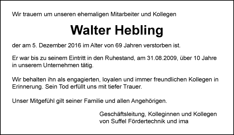  Traueranzeige für Walter Hebling vom 13.12.2016 aus Trauerportal Rhein Main Presse