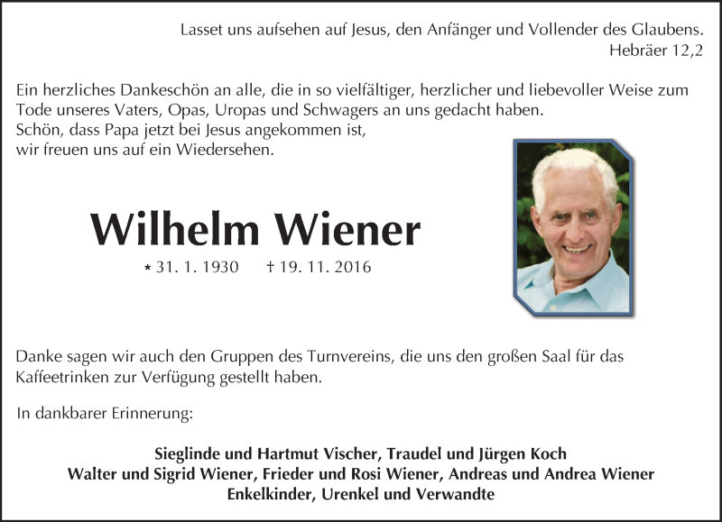 Traueranzeige für Wilhelm Wiener vom 10.12.2016 aus Trauerportal Echo Online