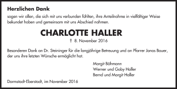 Traueranzeige von Charlotte Haller von Trauerportal Echo Online