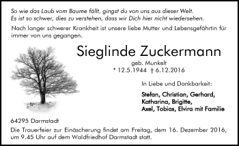 Traueranzeige von Sieglinde Zuckermann von Trauerportal Echo Online