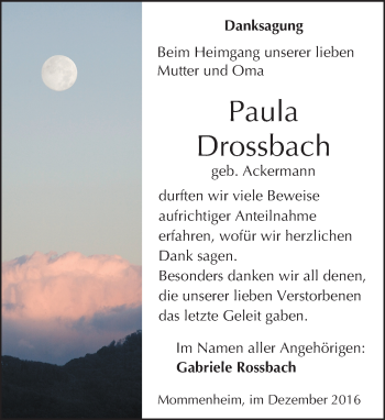 Traueranzeige von Paula Drossbach von Trauerportal Rhein Main Presse