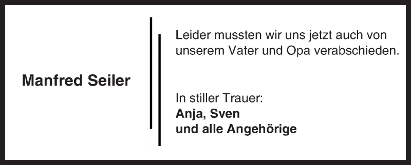  Traueranzeige für Manfred Seiler vom 29.12.2016 aus Trauerportal Echo Online