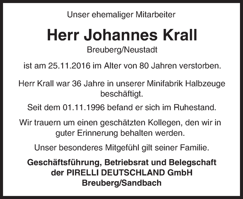 Traueranzeige für Johannes Krall vom 15.12.2016 aus Trauerportal Echo Online