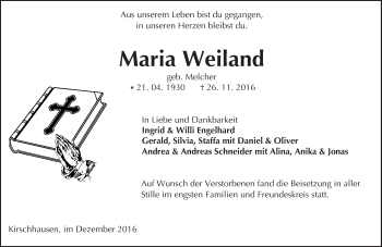 Traueranzeige von Maria Weiland von Trauerportal Echo Online