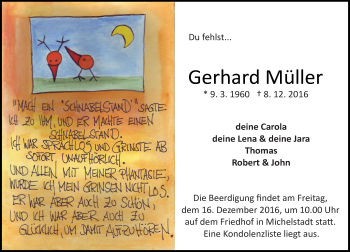 Traueranzeige von Gerhard Müller von Trauerportal Echo Online