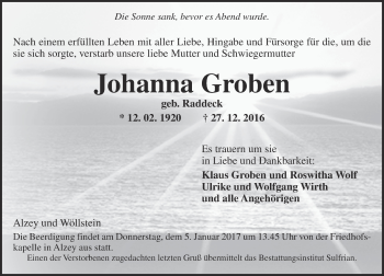 Traueranzeige von Johanna Groben von Trauerportal Rhein Main Presse