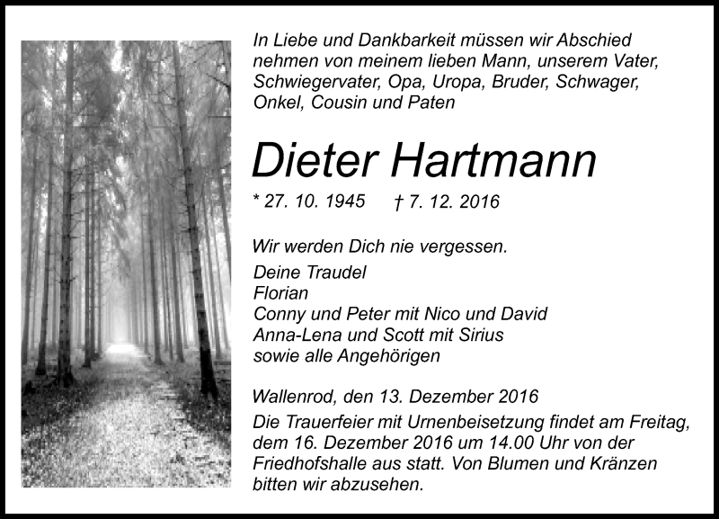  Traueranzeige für Dieter Hartmann vom 13.12.2016 aus  Lauterbacher Anzeiger