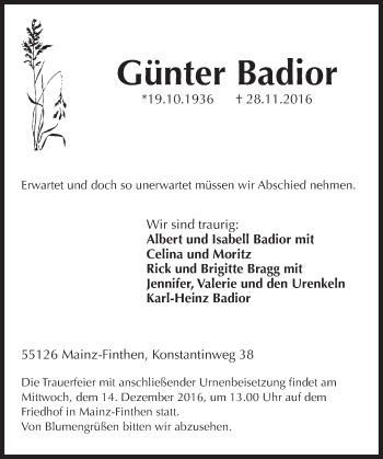 Traueranzeige von Günter Badior von Trauerportal Rhein Main Presse