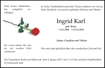 Traueranzeige von Ingrid Karl von Trauerportal Echo Online
