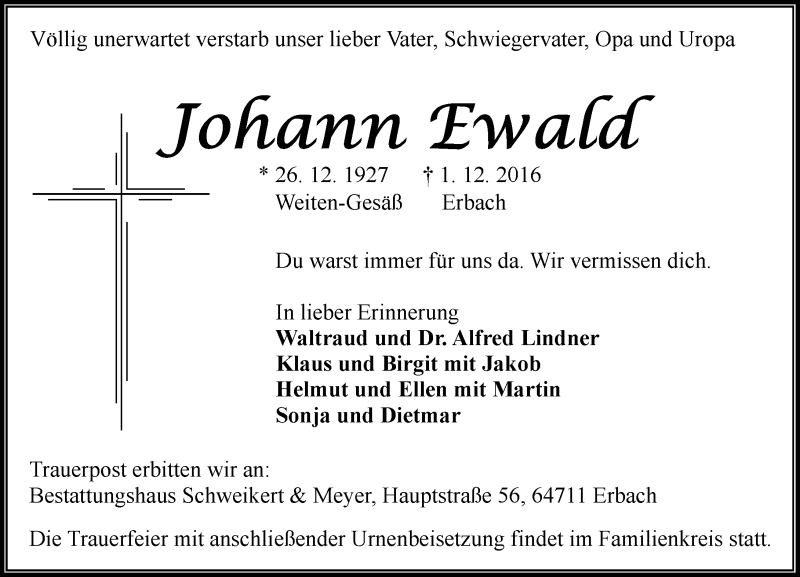  Traueranzeige für Johann Ewald vom 07.12.2016 aus Trauerportal Echo Online
