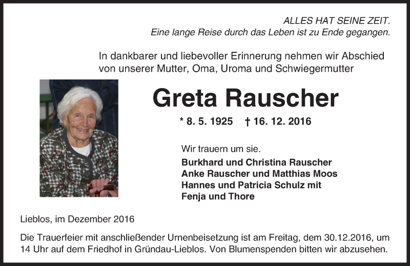  Traueranzeige für Greta Rauscher vom 27.12.2016 aus  Gelnhäuser Tageblatt