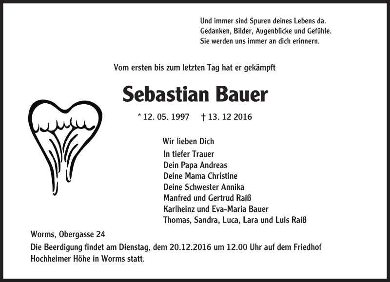  Traueranzeige für Sebastian Bauer vom 16.12.2016 aus Trauerportal Rhein Main Presse