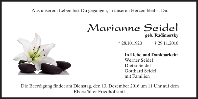  Traueranzeige für Marianne Seidel vom 10.12.2016 aus Trauerportal Echo Online
