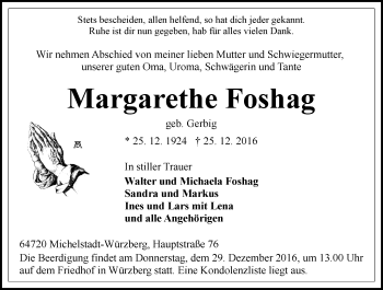 Traueranzeige von Margarethe Foshag von Trauerportal Echo Online