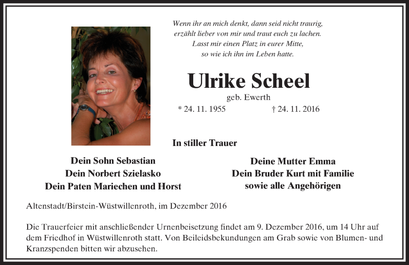  Traueranzeige für Ulrike Scheel vom 03.12.2016 aus  Gelnhäuser Tageblatt