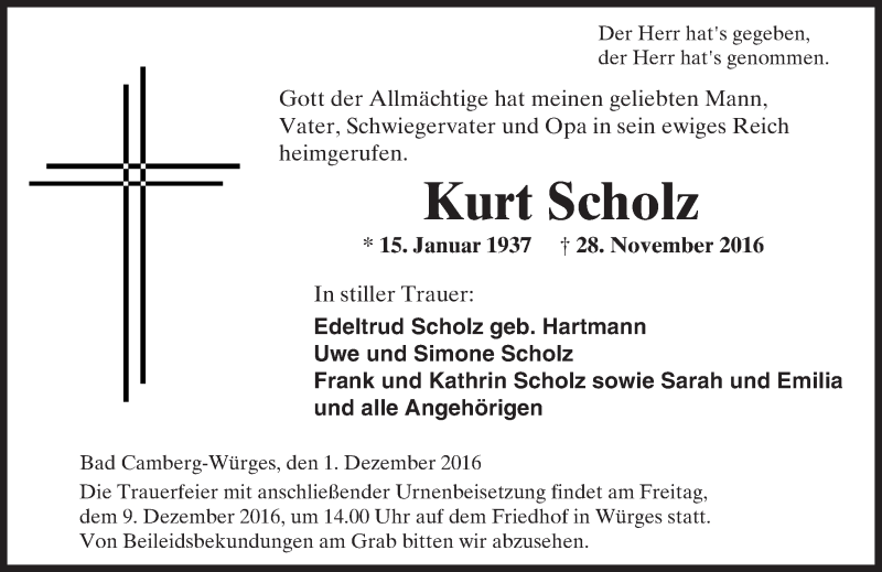  Traueranzeige für Kurt Scholz vom 01.12.2016 aus  Camberger Anzeiger