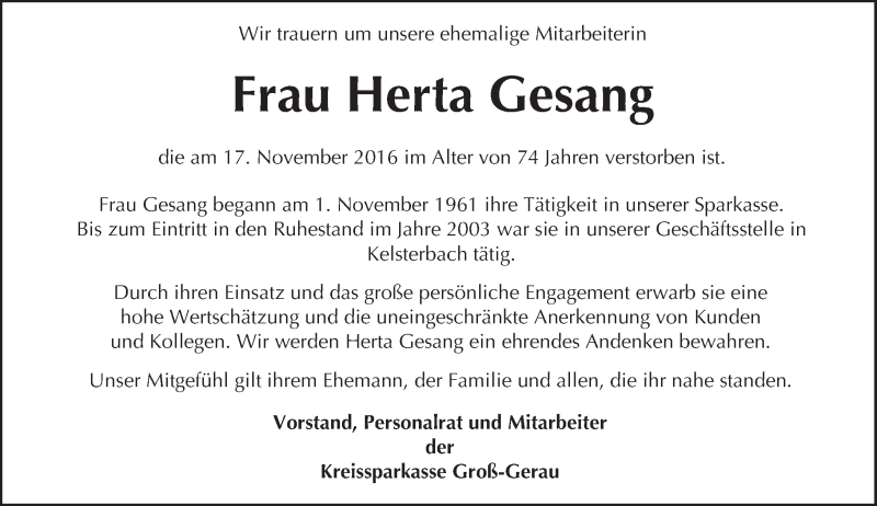  Traueranzeige für Herta Gesang vom 10.12.2016 aus Trauerportal Echo Online