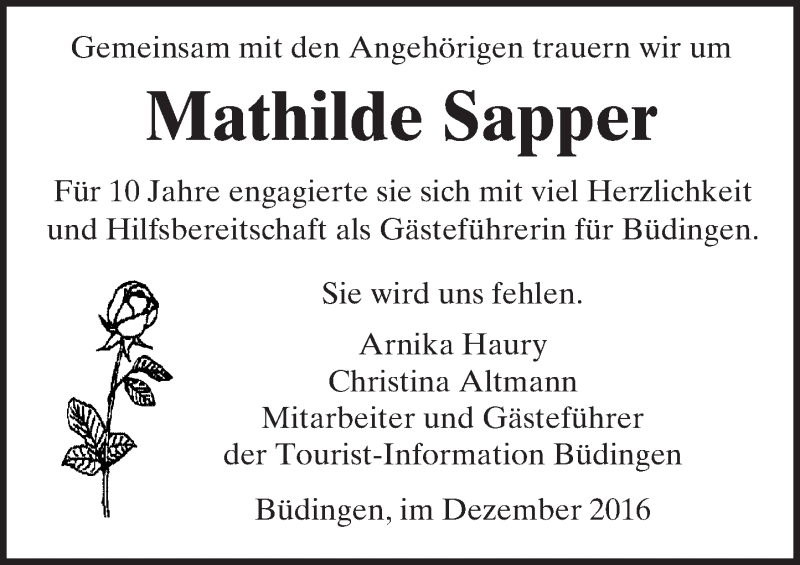  Traueranzeige für Mathilde Sapper vom 24.12.2016 aus  Kreisanzeiger