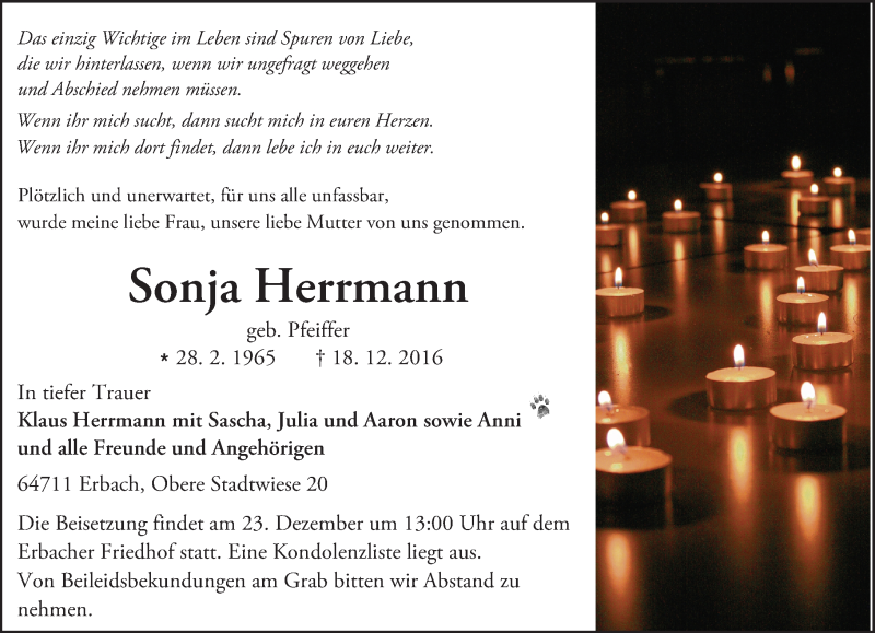  Traueranzeige für Sonja Herrmann vom 21.12.2016 aus Trauerportal Echo Online