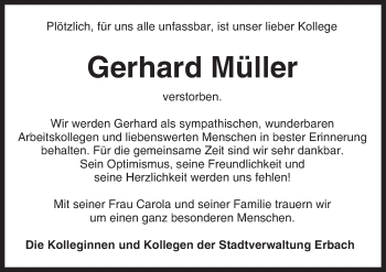 Traueranzeige von Gerhard Müller von Trauerportal Echo Online