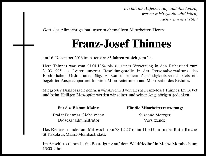  Traueranzeige für Franz-Josef Thinnes vom 23.12.2016 aus Trauerportal Rhein Main Presse