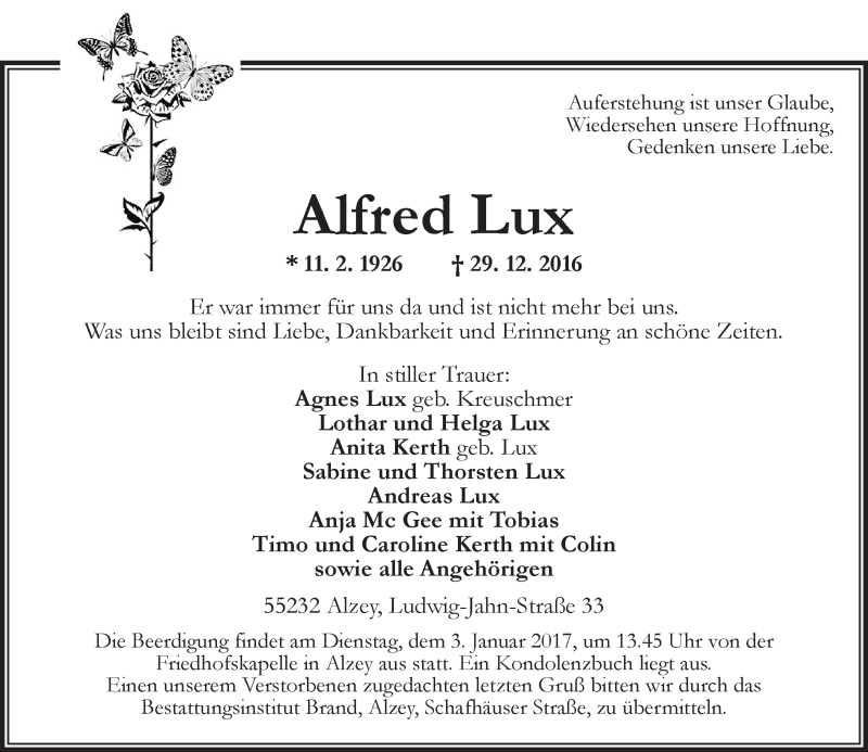  Traueranzeige für Alfred Lux vom 31.12.2016 aus Trauerportal Rhein Main Presse