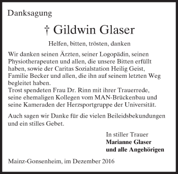 Traueranzeige von Gildwin Glaser von Trauerportal Rhein Main Presse
