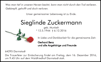 Traueranzeige von Sieglinde Zuckermann von Trauerportal Echo Online