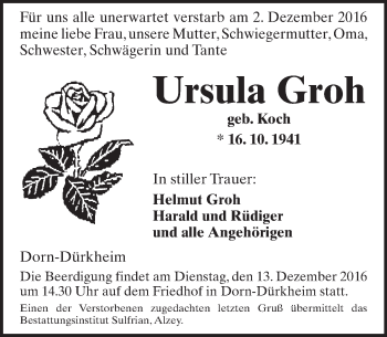 Traueranzeige von Ursula Groh von Trauerportal Rhein Main Presse