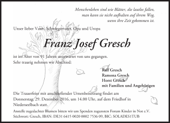 Traueranzeige von Franz Josef Gresch von Trauerportal Rhein Main Presse