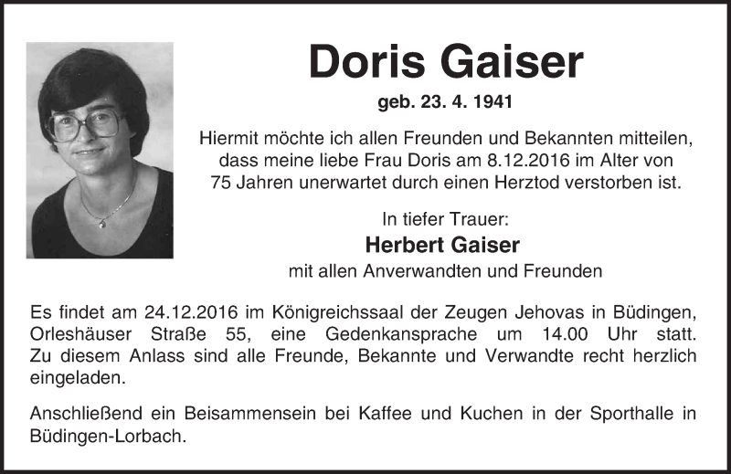  Traueranzeige für Doris Gaiser vom 17.12.2016 aus  Kreisanzeiger