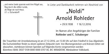 Traueranzeige von Arnold Rohleder von Trauerportal Rhein Main Presse