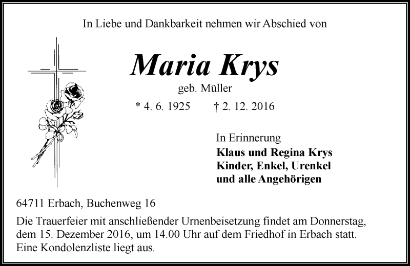  Traueranzeige für Maria Krys vom 10.12.2016 aus Trauerportal Echo Online