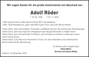 Traueranzeige von Adolf Röder von Trauerportal Echo Online