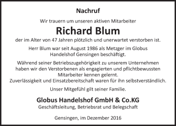 Traueranzeige von Richard Blum von Trauerportal Rhein Main Presse