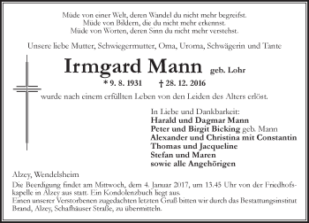 Traueranzeige von Irmgard Mann von Trauerportal Rhein Main Presse