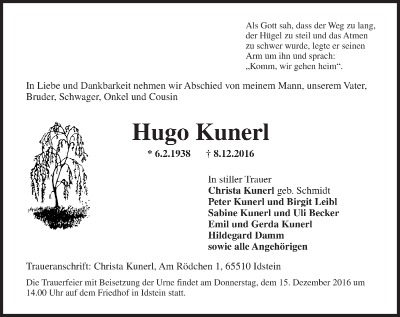  Traueranzeige für Hugo Kunerl vom 13.12.2016 aus Trauerportal Rhein Main Presse