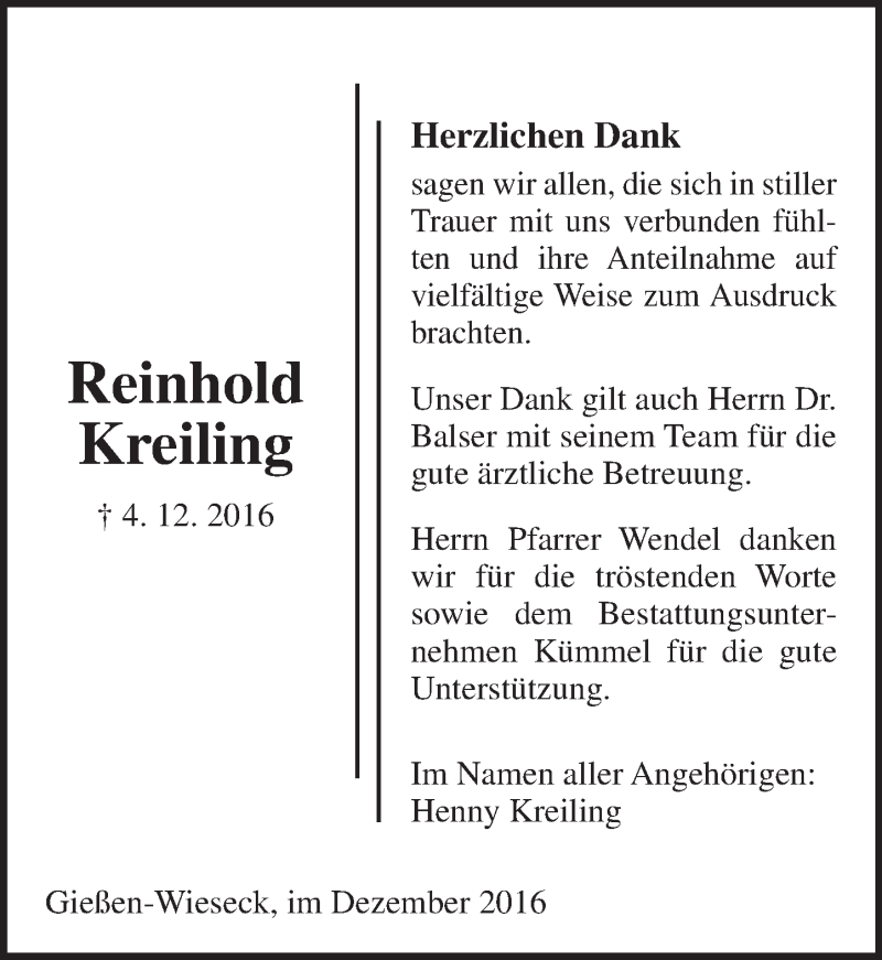  Traueranzeige für Reinhold Kreiling vom 31.12.2016 aus  Gießener Anzeiger