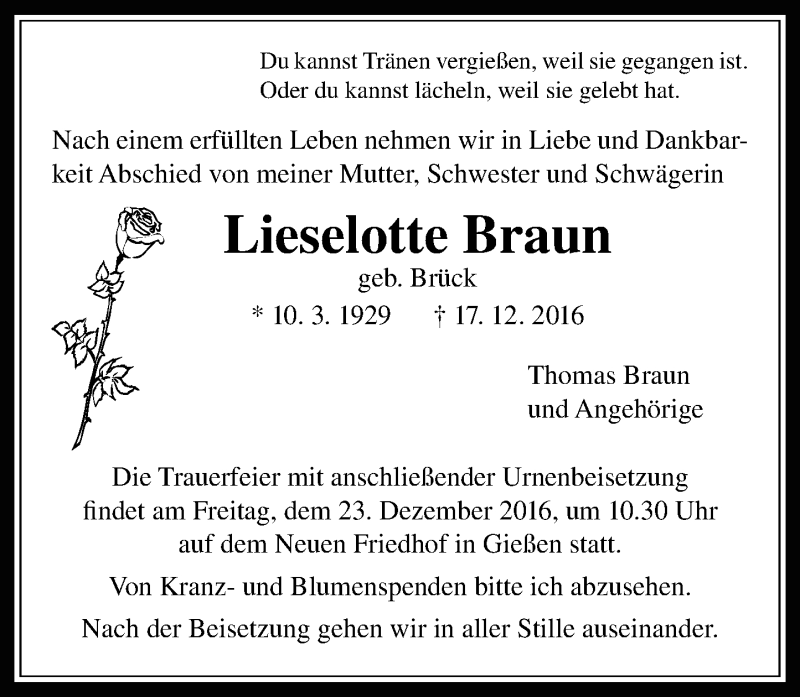 Traueranzeige für Lieselotte Braun vom 21.12.2016 aus  Gießener Anzeiger